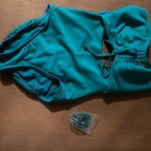 Time and Tru Teal Ribbed One-Piece Swimsuit with Side Cutout